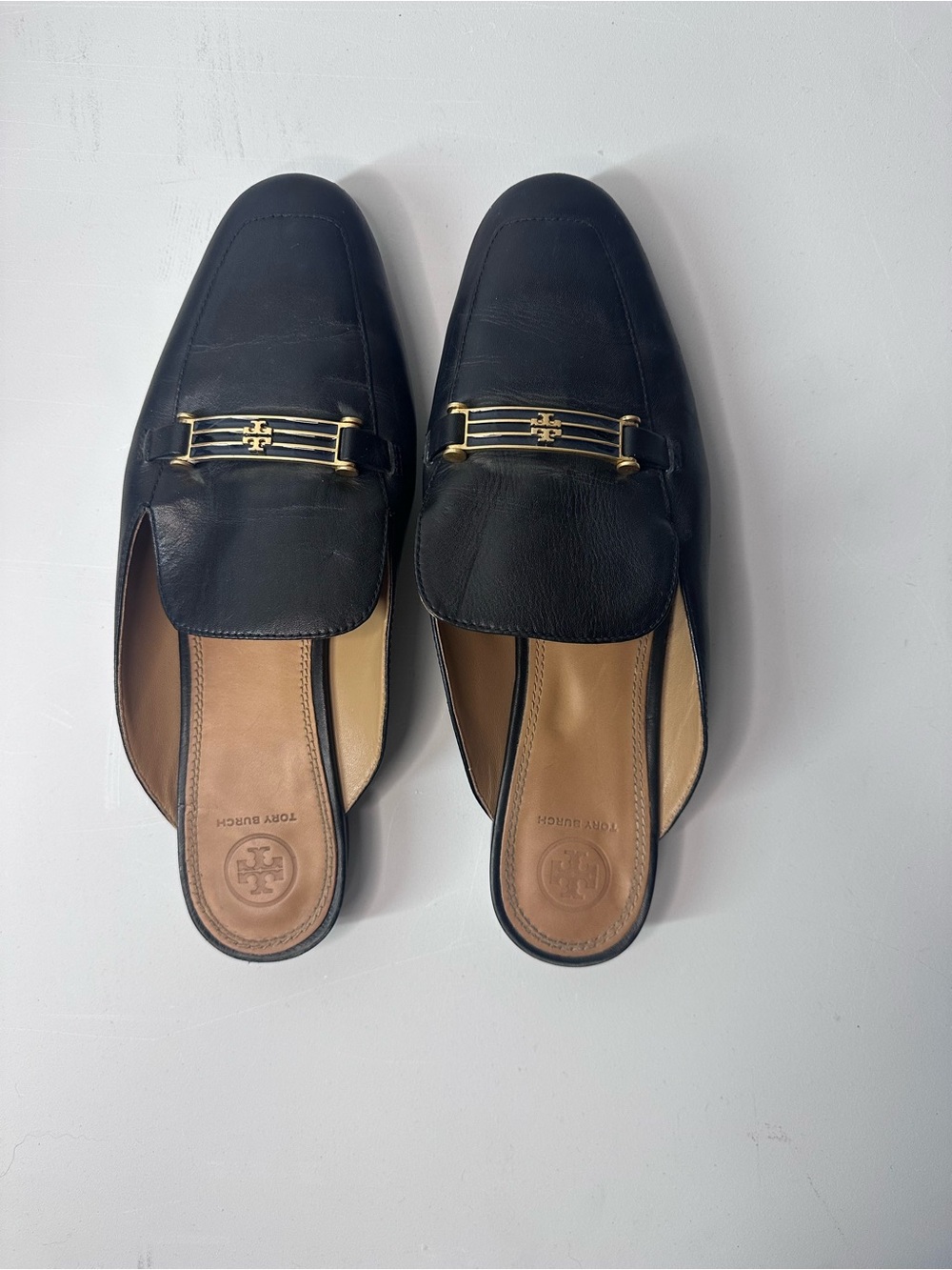 Tory Burch Black Leather Slip-On Mules with Gold Accent